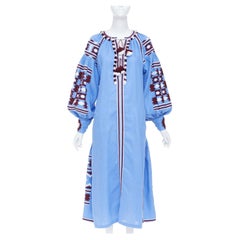 VITA KIN blue linen red folk ethnic embroidery boho peasant kaftan dress S/D