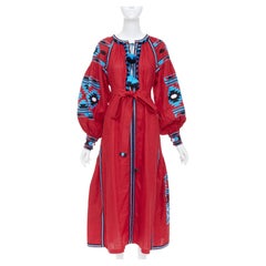 VITA KIN linen blue folk ethnic embroidery belted boho peasant kaftan dress S/D