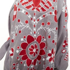 VITA KIN linen red folk floral embroidered belted boho peasant kaftan dress S/D