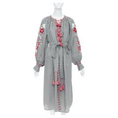 VITA KIN linen red folk floral embroidered belted boho peasant kaftan dress S/D