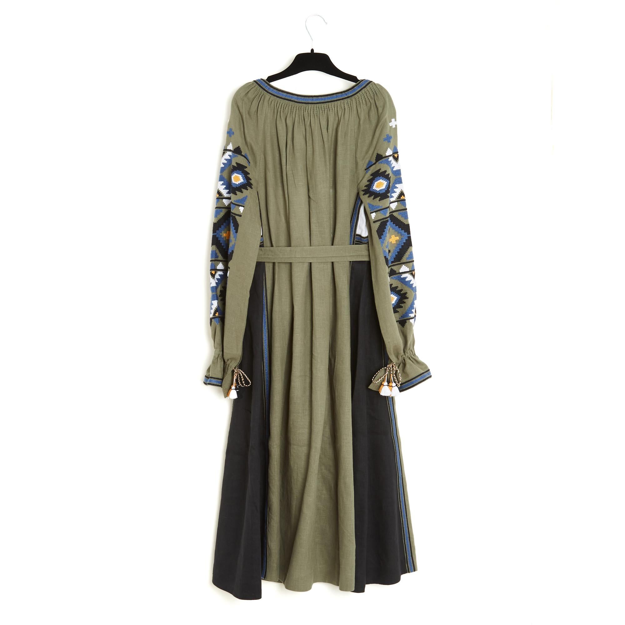 Vita Kin Robe Lin Taille Standard SD Khaki Black Linen Ethnic Dress Size M L For Sale 3