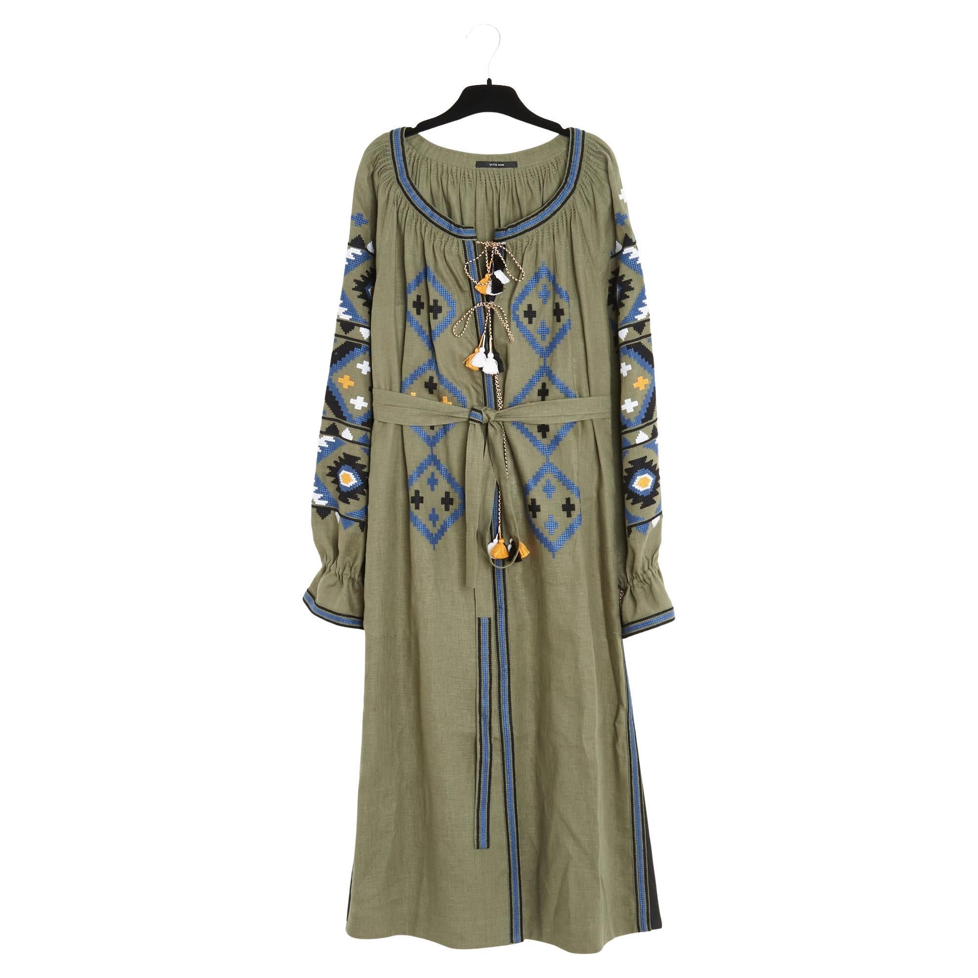 Vita Kin Robe Lin Taille Standard SD Khaki Black Linen Ethnic Dress Size M L For Sale