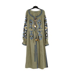 Vita Kin Robe Lin Taille Standard SD Khaki Black Linen Ethnic Dress Size M L.