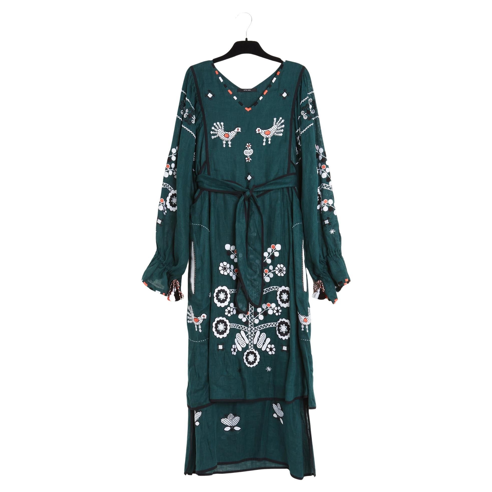 Vita Kin Robe Lin Taille Standard SD Khaki Black Linen Ethnic Dress Size M L For Sale