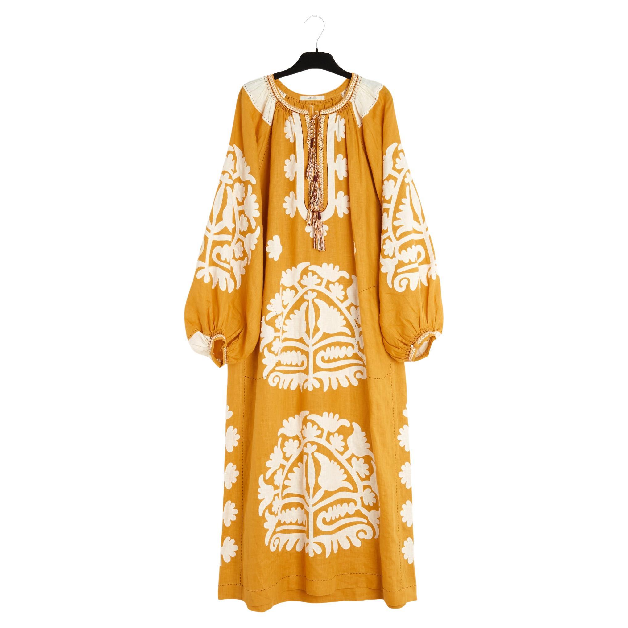 Vita Kin Robe Oversize Lin FR38 Saffron Linen Shalimar Maxi Dress UK8 US6 For Sale