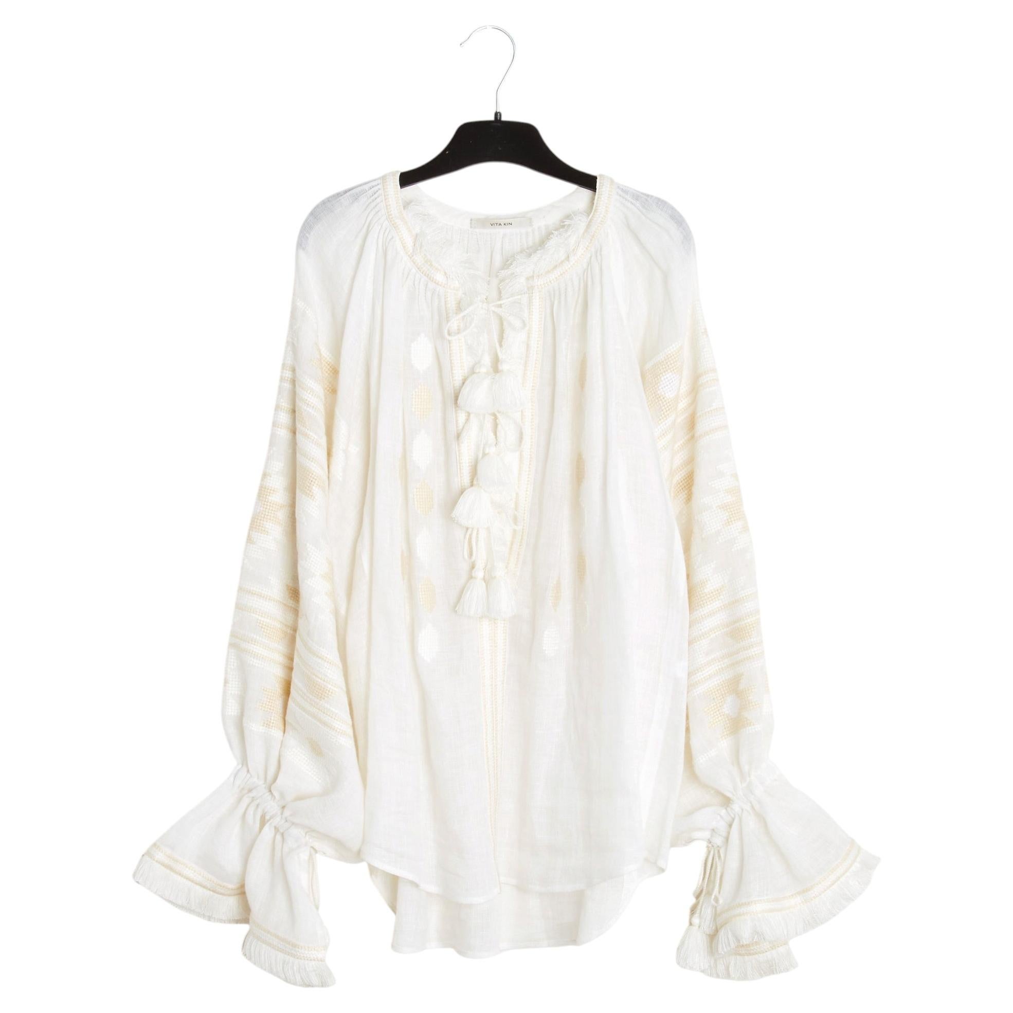 Vita Kin Top Lin Taille Standard SD Ecru beige Camicetta ricamata in lino taglia M.L.A.