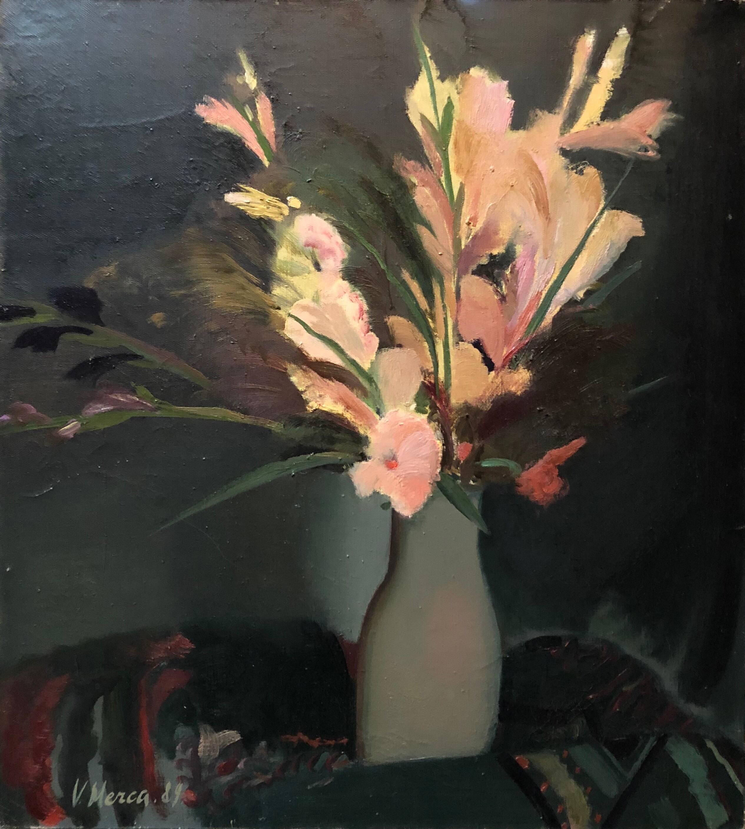 Bouquet of Flowers Latvian Modernist Floral Oil Painting - Black Interior Painting by Vita Merca