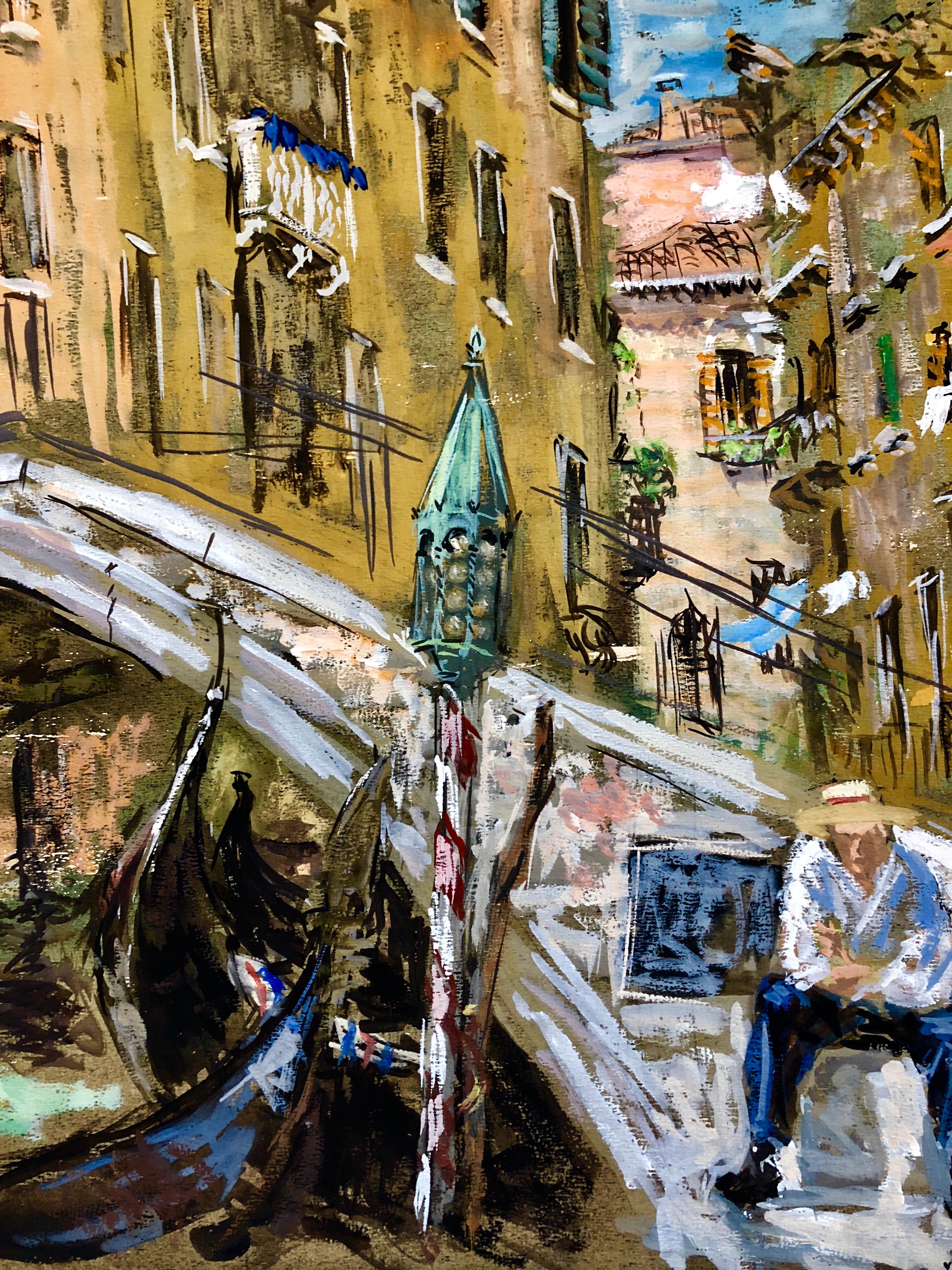 Venice Italy Landscape Gouache Painting Canal with Gondolier Bridge of Sighs For Sale 2