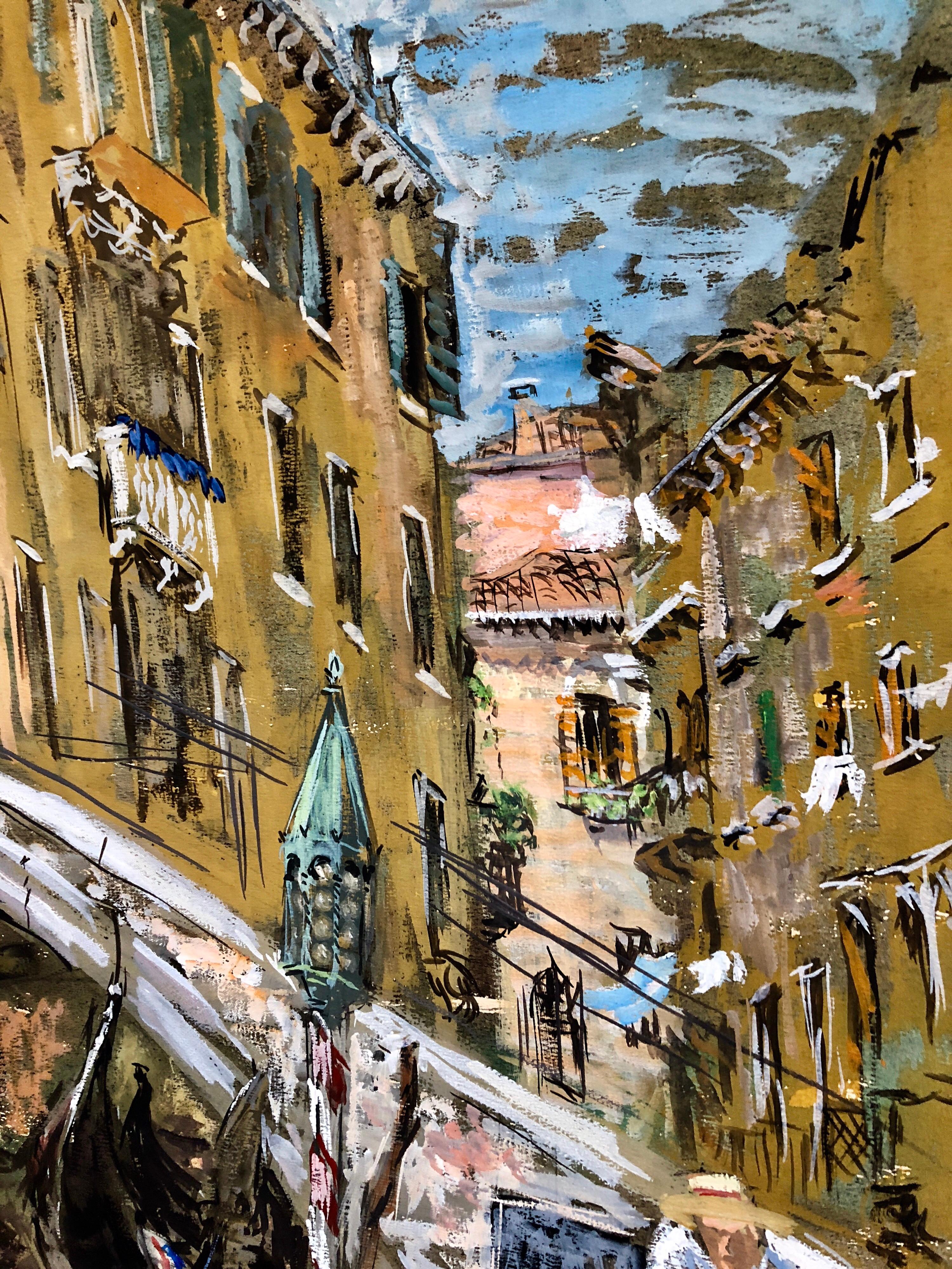 Venice Italy Landscape Gouache Painting Canal with Gondolier Bridge of Sighs For Sale 3