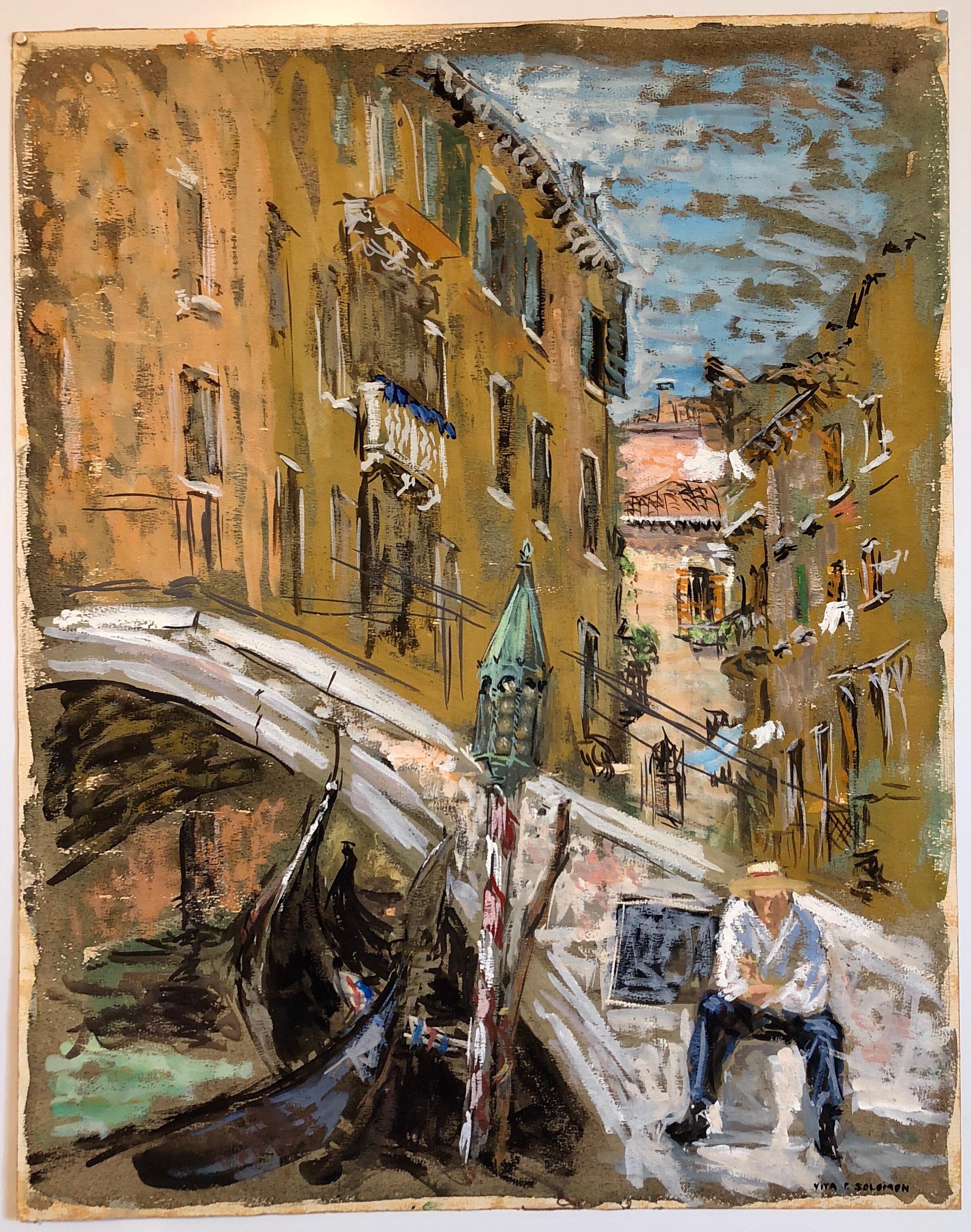 Venice Italy Landscape Gouache Painting Canal with Gondolier Bridge of Sighs For Sale 4