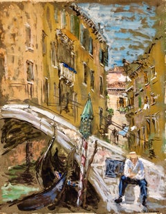 Retro Venice Italy Landscape Gouache Painting Canal with Gondolier Bridge of Sighs