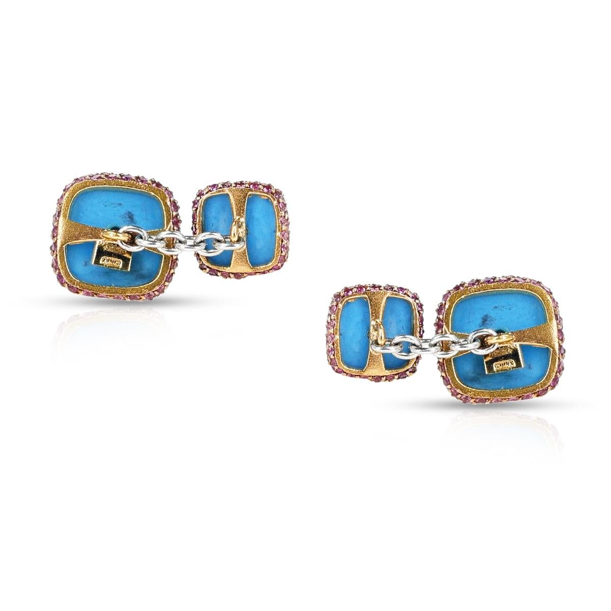 A Vita Turquoise and Pink Sapphire Cufflinks, 18k. The pink sapphire weighs appx. 2.50 carats. The total weight of the cufflinks are 12.74 grams. 
