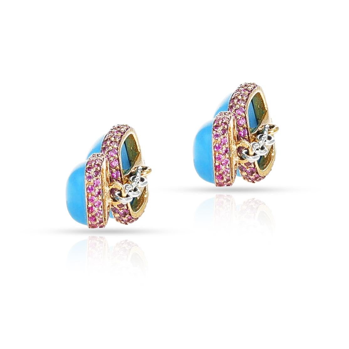 Cabochon Vita Turquoise and Pink Sapphire Cufflinks, 18k For Sale