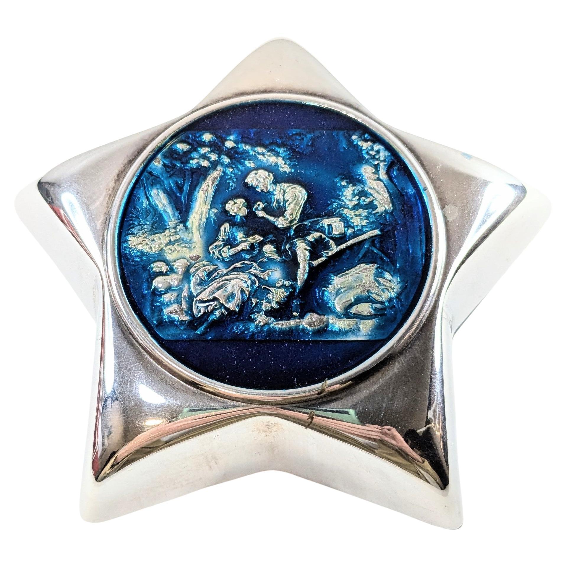 Vitage Silver Firenze Pill Box with Blue Lacquered Country Motif