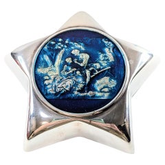 Vitage Silver Firenze Pill Box with Blue Lacquered Country Motif