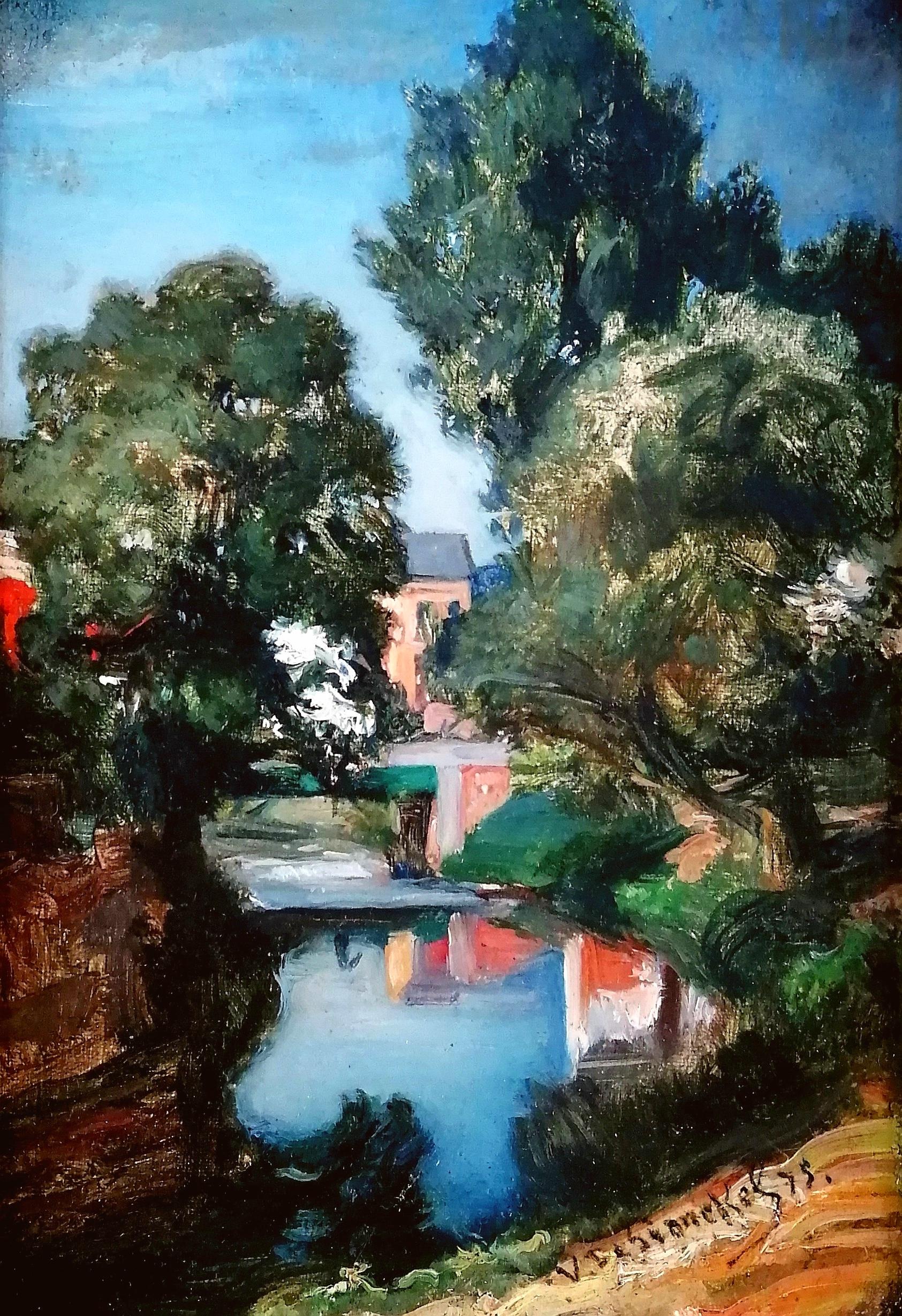Paysage fluvial - Peinture à l'huile impressionniste belge ancienne du 19e siècle - Painting de Vital de Gronckel