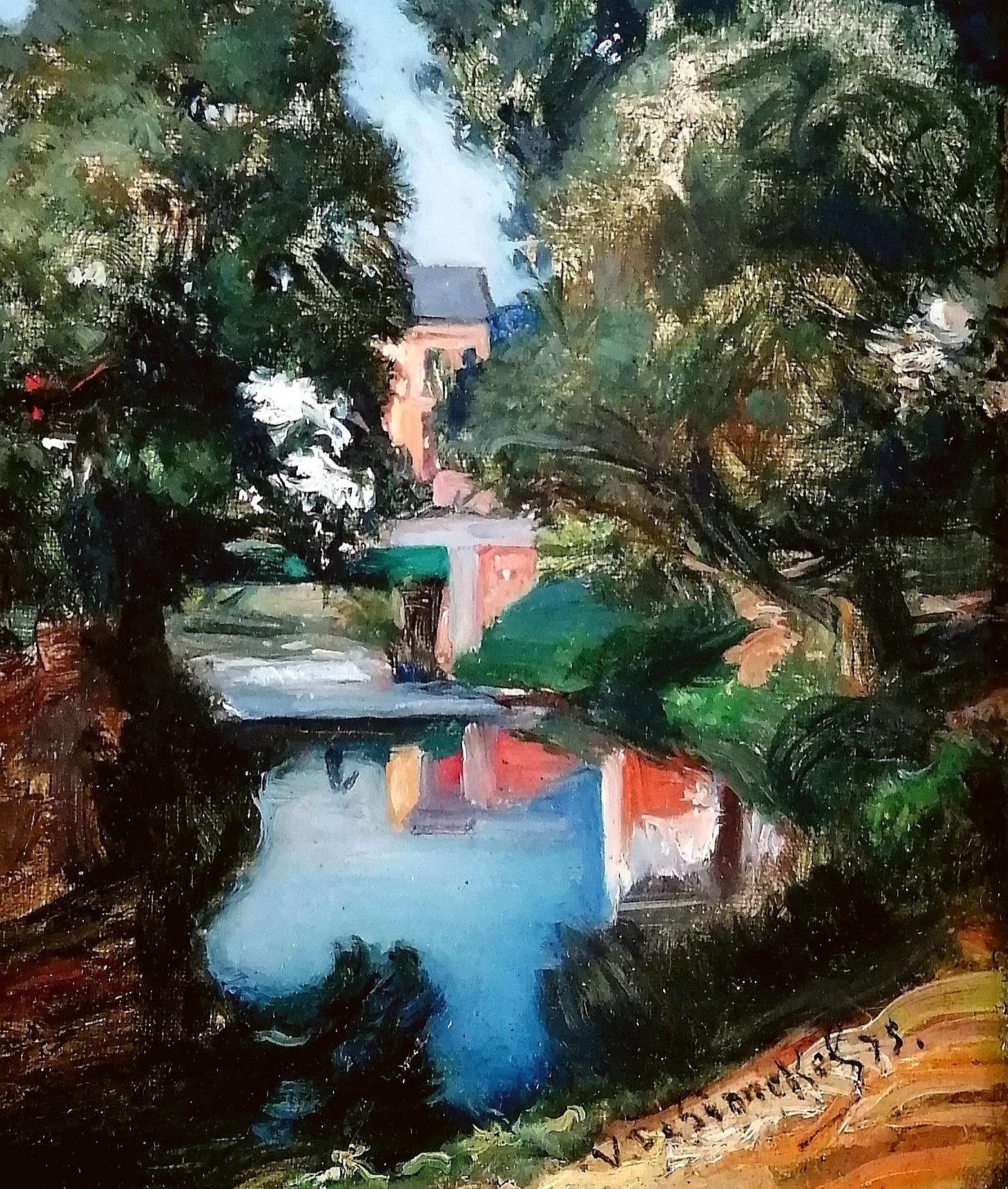 Paysage fluvial - Peinture à l'huile impressionniste belge ancienne du 19e siècle - Impressionnisme Painting par Vital de Gronckel
