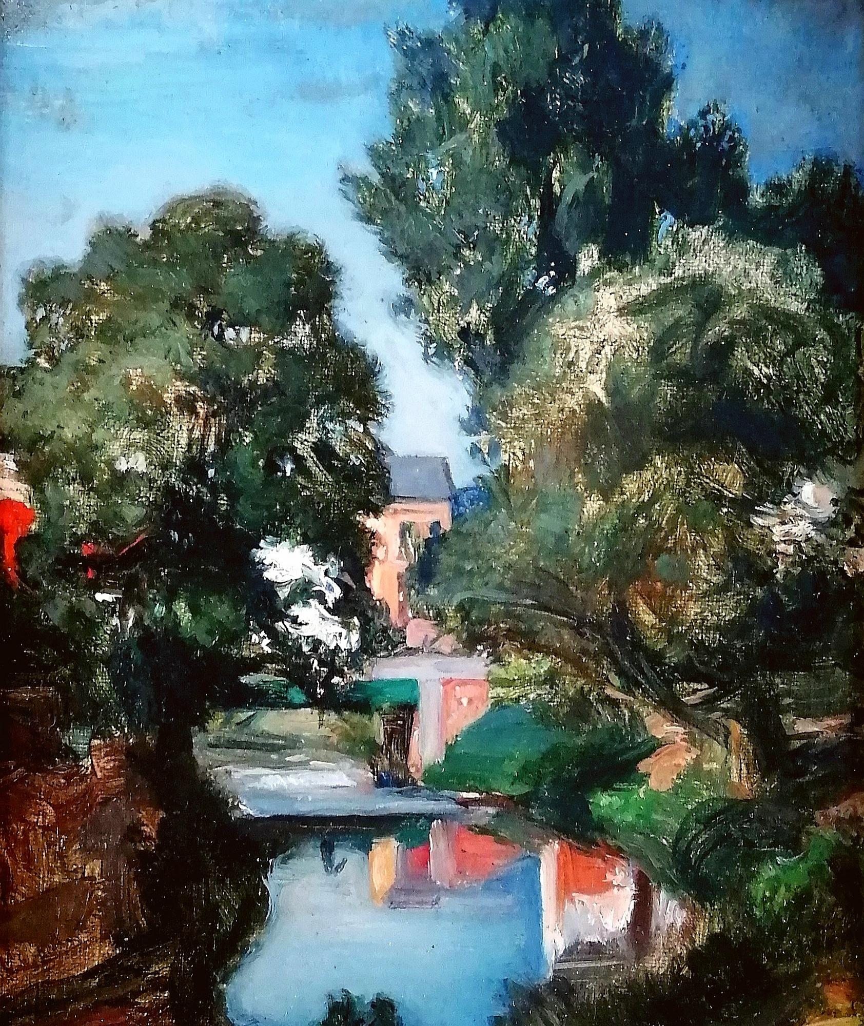 Paysage fluvial - Peinture à l'huile impressionniste belge ancienne du 19e siècle - Marron Landscape Painting par Vital de Gronckel