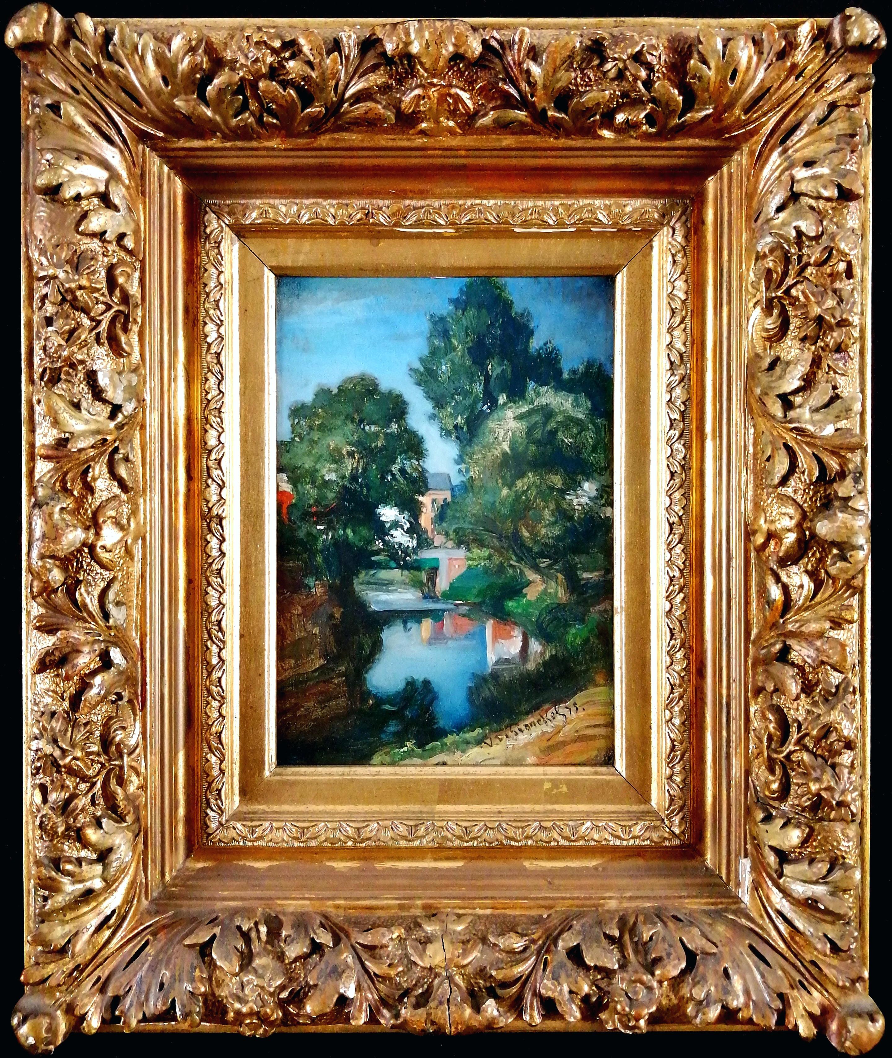River Landscape - 19th Century Antique Belgian Impressionist Oil Painting