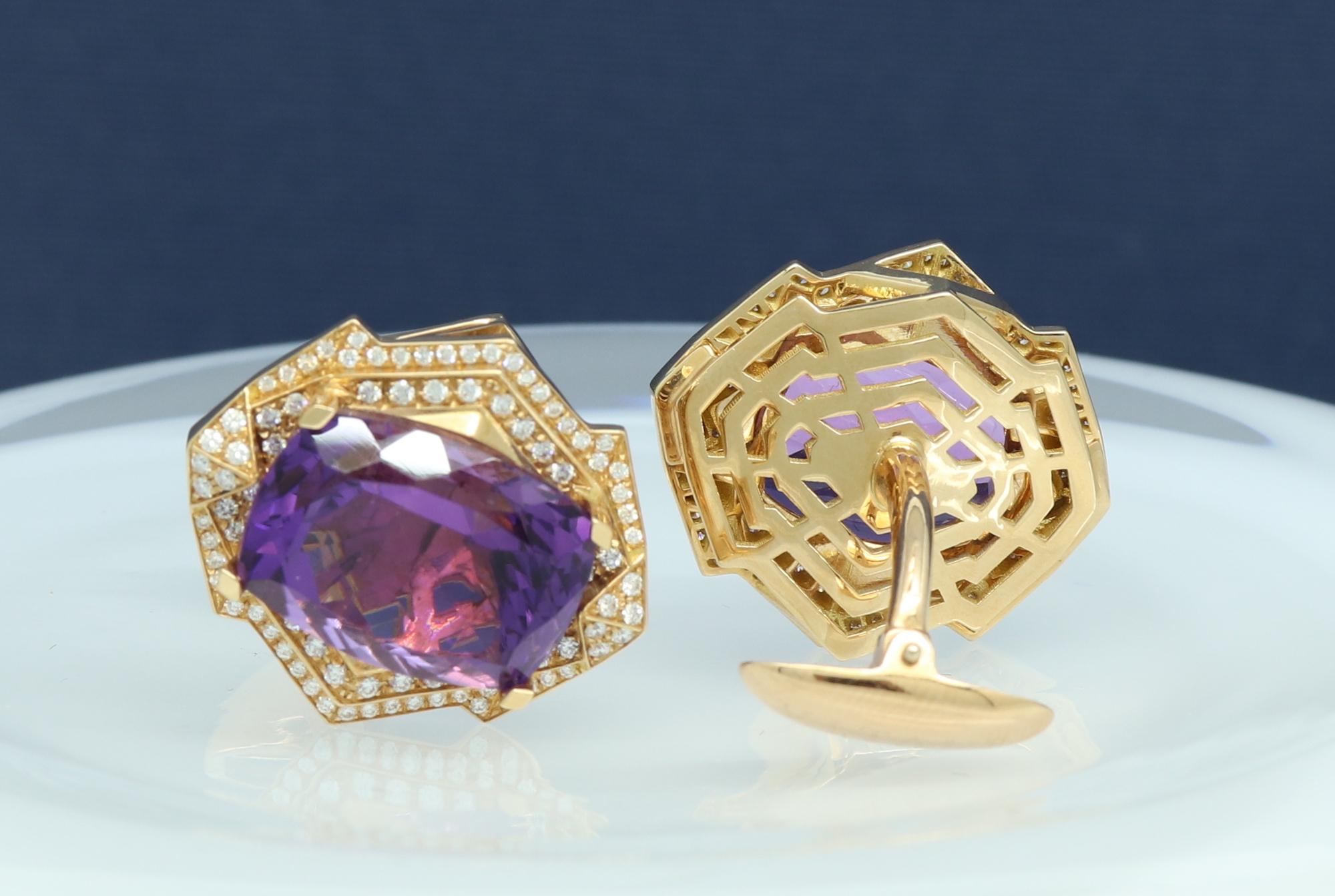 Round Cut 18 Karat Rose Gold Amethyst Diamond Cufflinks For Sale