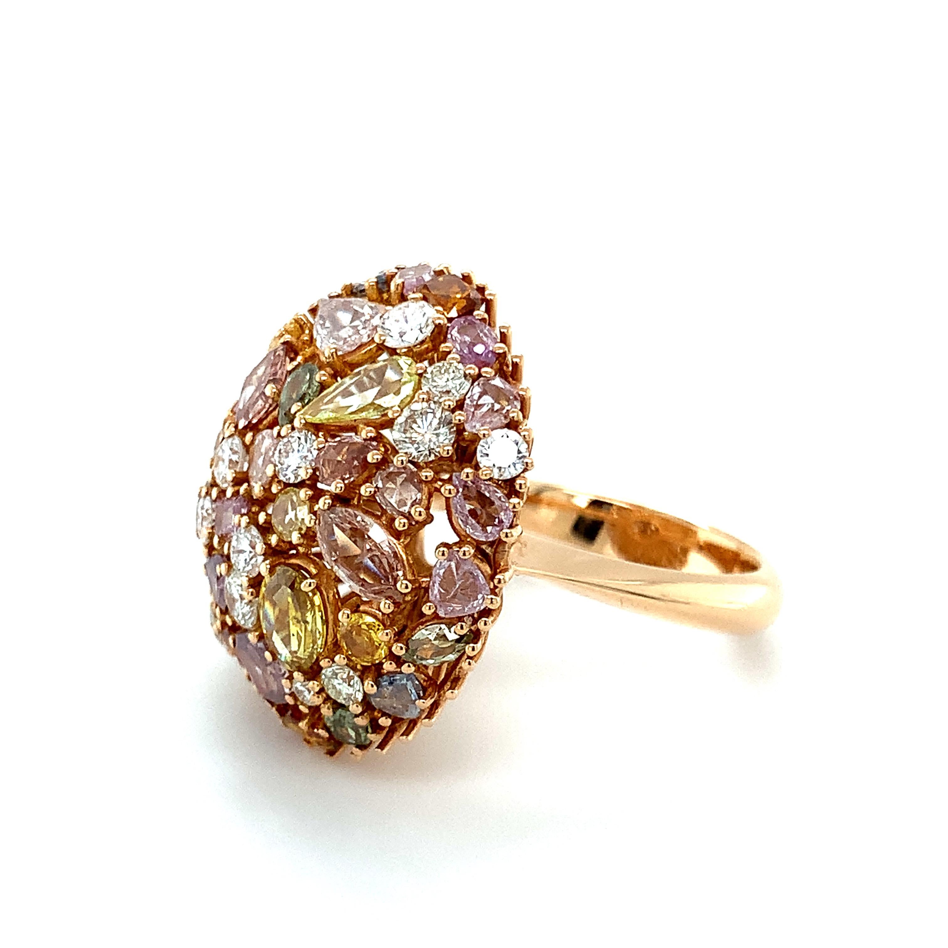 18K rose gold cocktail ring is from Divine Collection. Absolutely stunning cocktail ring has a precise combination of beautiful natural fancy diamonds in total of 5.32 Carat and natural white diamonds in total of 1.0 Carat. Total metal weight is