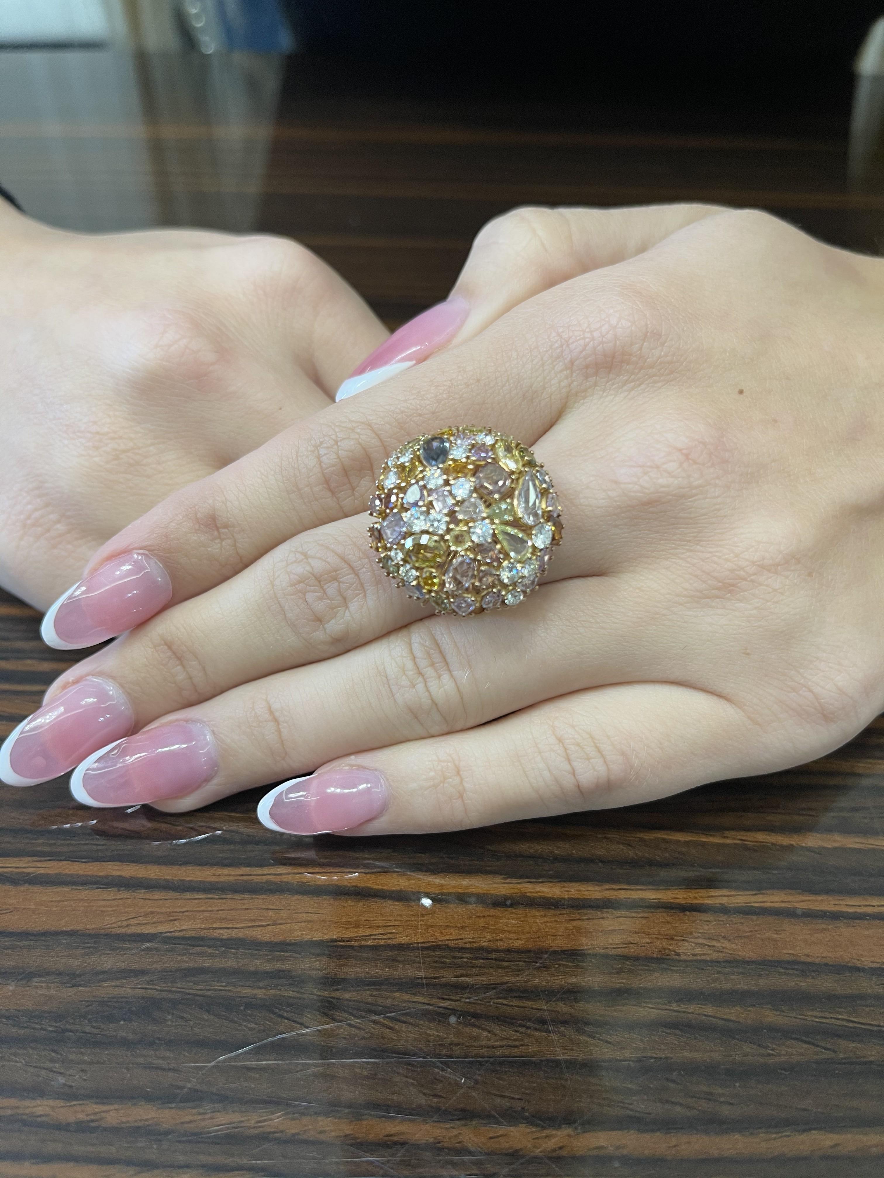 18 Karat Rose Gold Natural Fancy Diamond Cocktail Ring For Sale 1