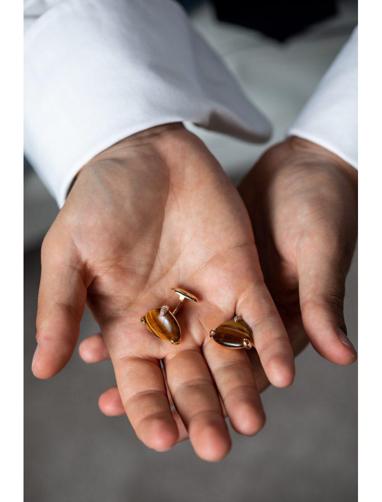 Square Cut 18 Karat Rose Gold Tiger Eye Diamond Cufflinks For Sale