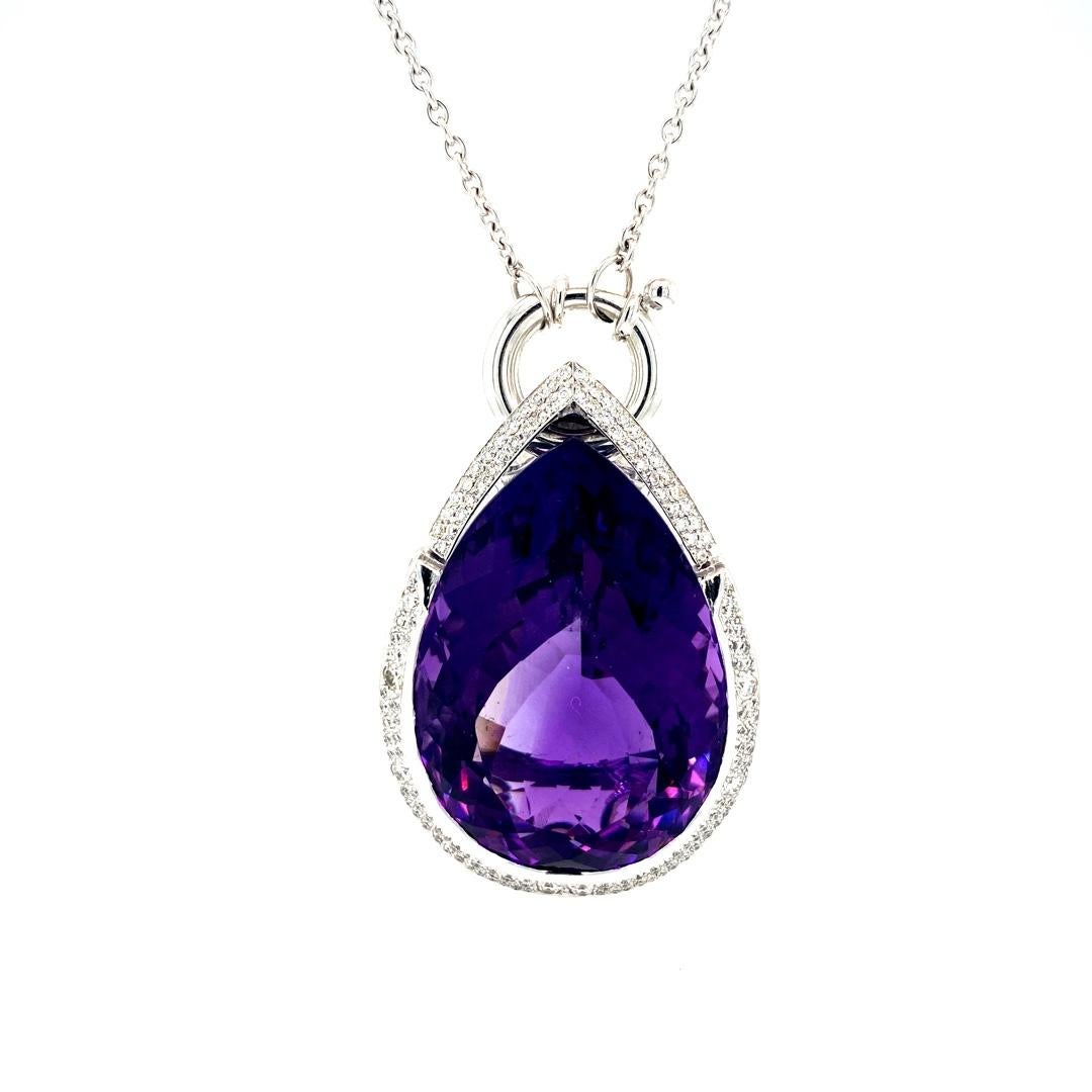 18 Karat White Gold 81.55 Carat Amethyst Diamond Pendant For Sale 4