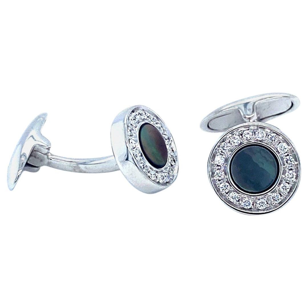 18 Karat White Gold Black Mother of Pearl Diamond Cufflinks For Sale