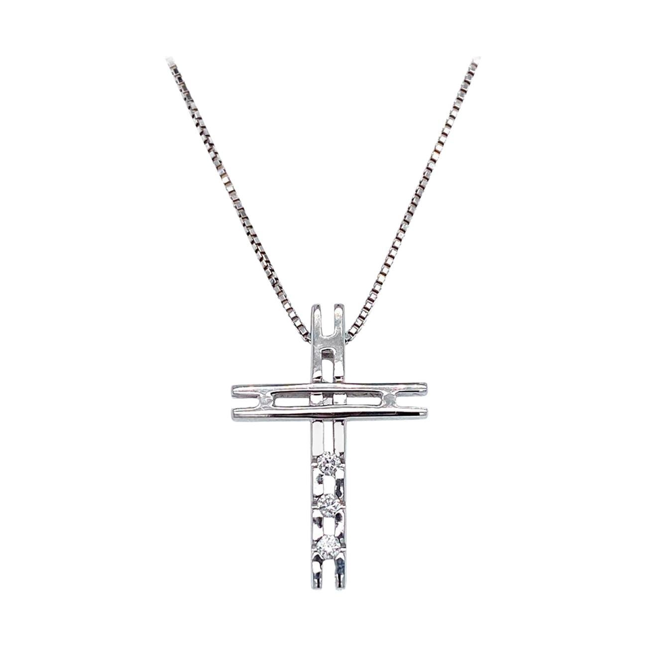 18 Karat White Gold Diamond Cross Pendant For Sale