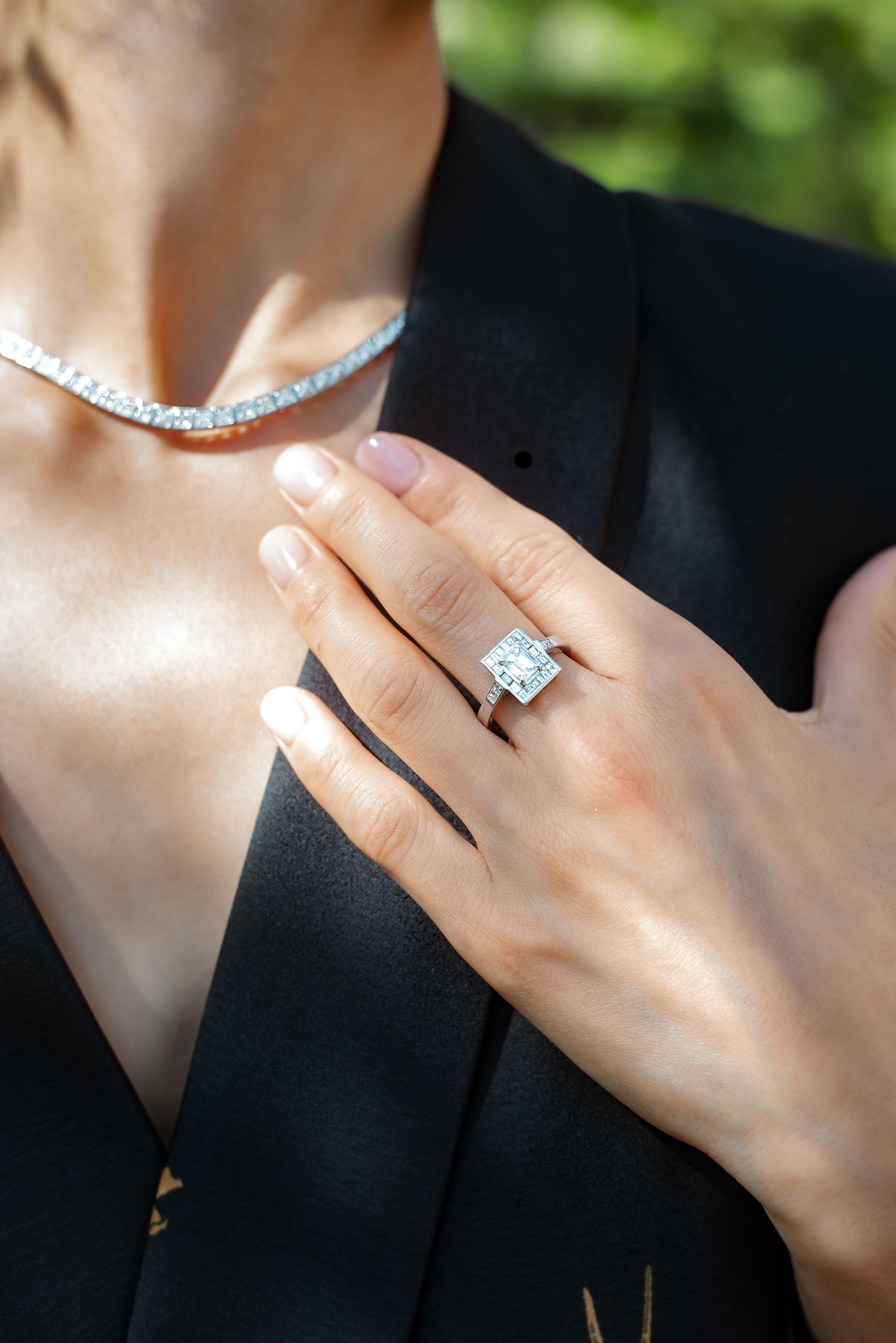 Emerald Cut 18 Karat White Gold Diamond Engagement Ring For Sale