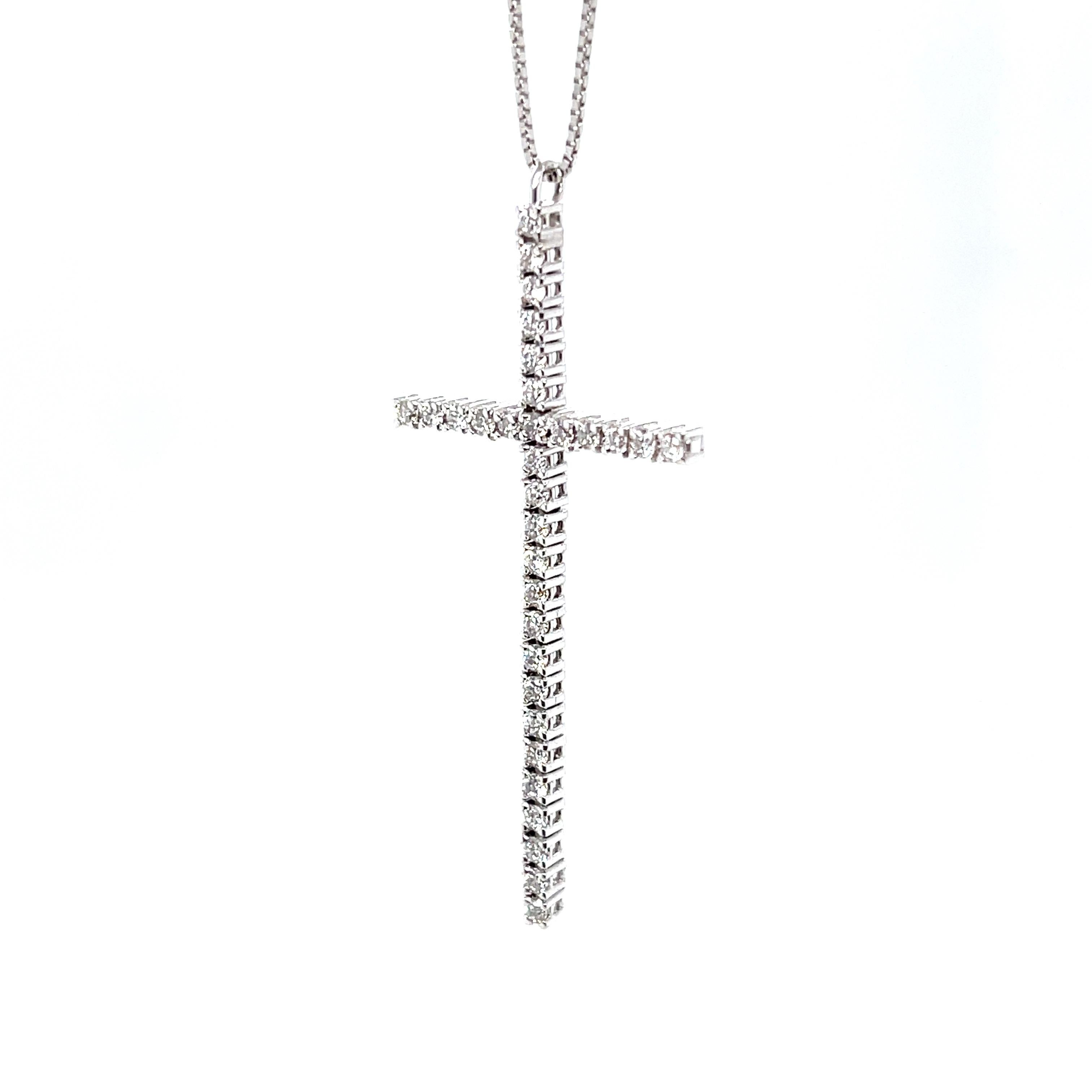 Round Cut 18 Karat White Gold Diamond Flexible Cross Pendant For Sale