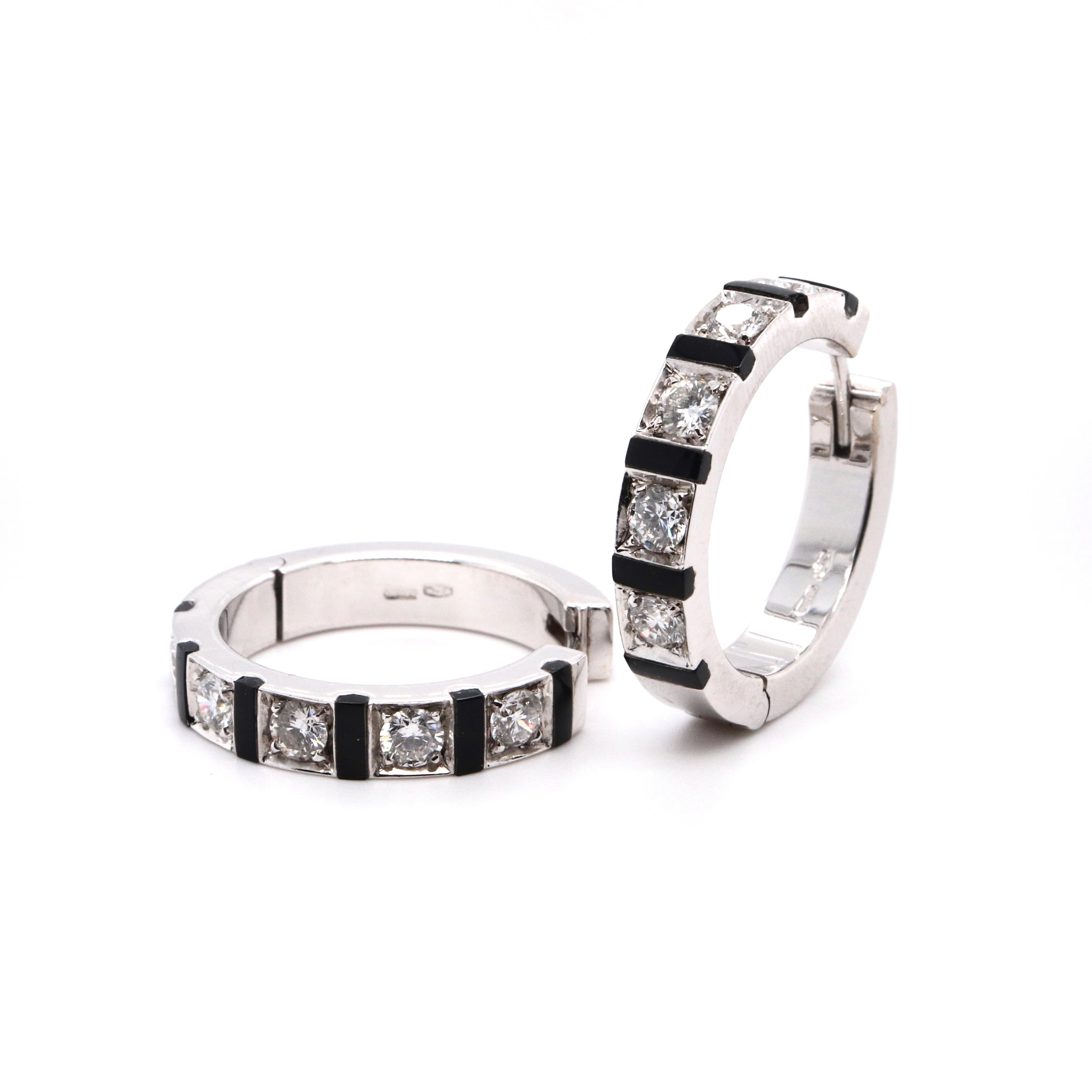Square Cut 18 Karat White Gold Diamond Onyx Hoop Earrings For Sale