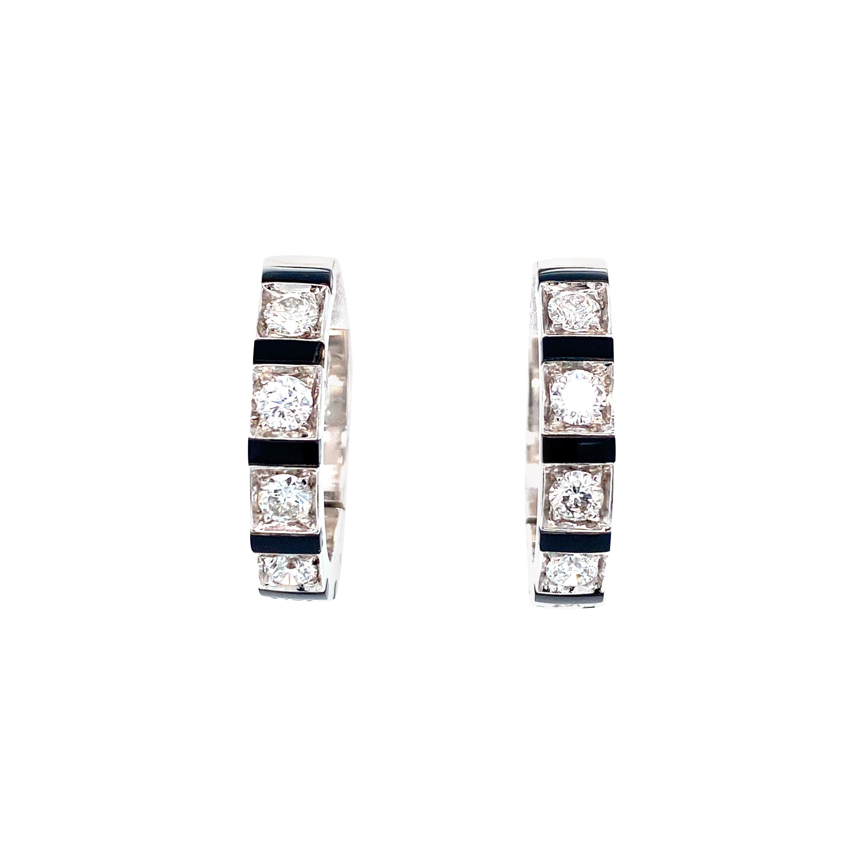 18 Karat White Gold Diamond Onyx Hoop Earrings For Sale