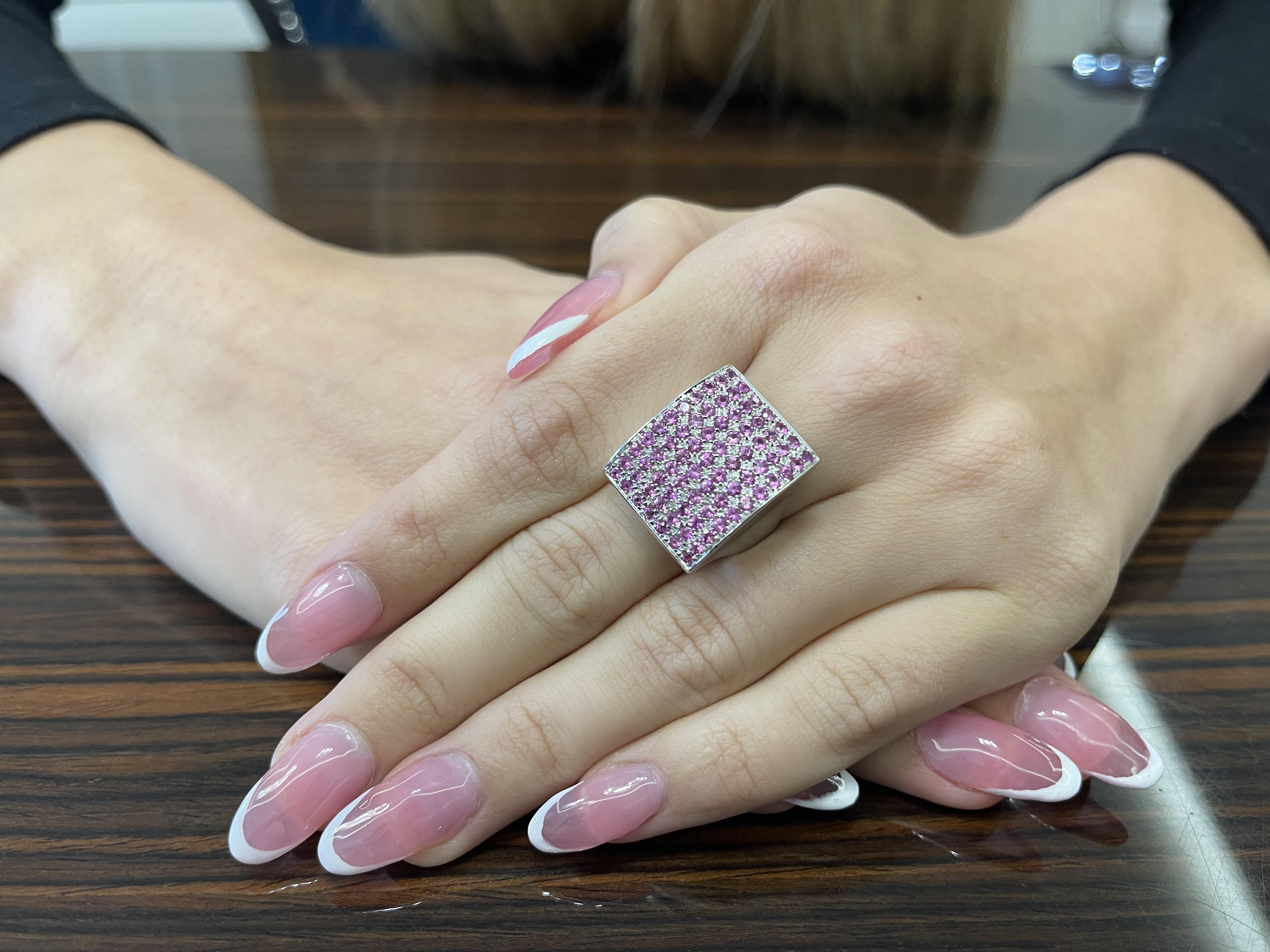 Square Cut Vitale 1913 18 Karat White Gold Pink Sapphire Signet Ring