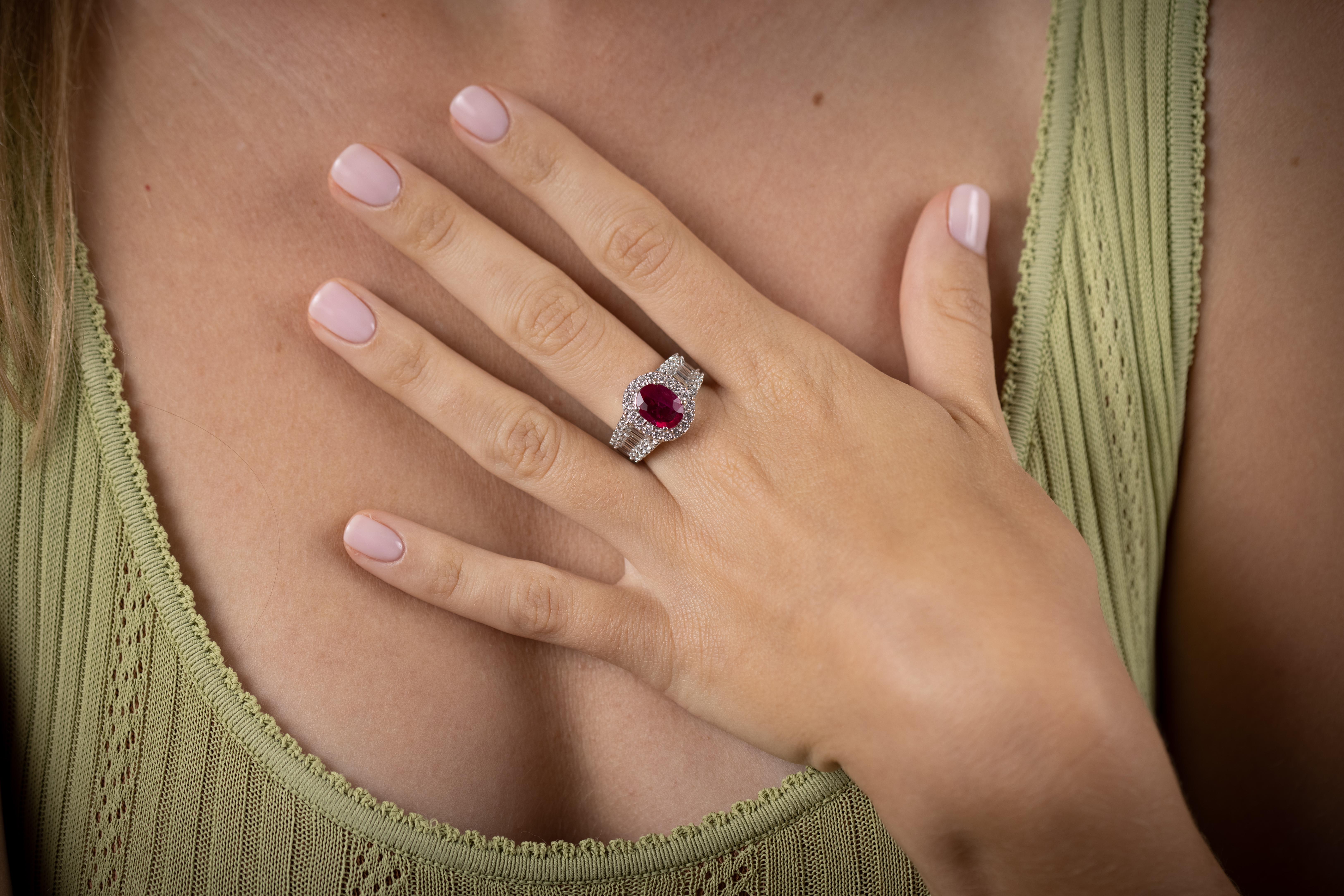 Oval Cut 18 Karat White Gold Ruby Diamond Cocktail Ring For Sale