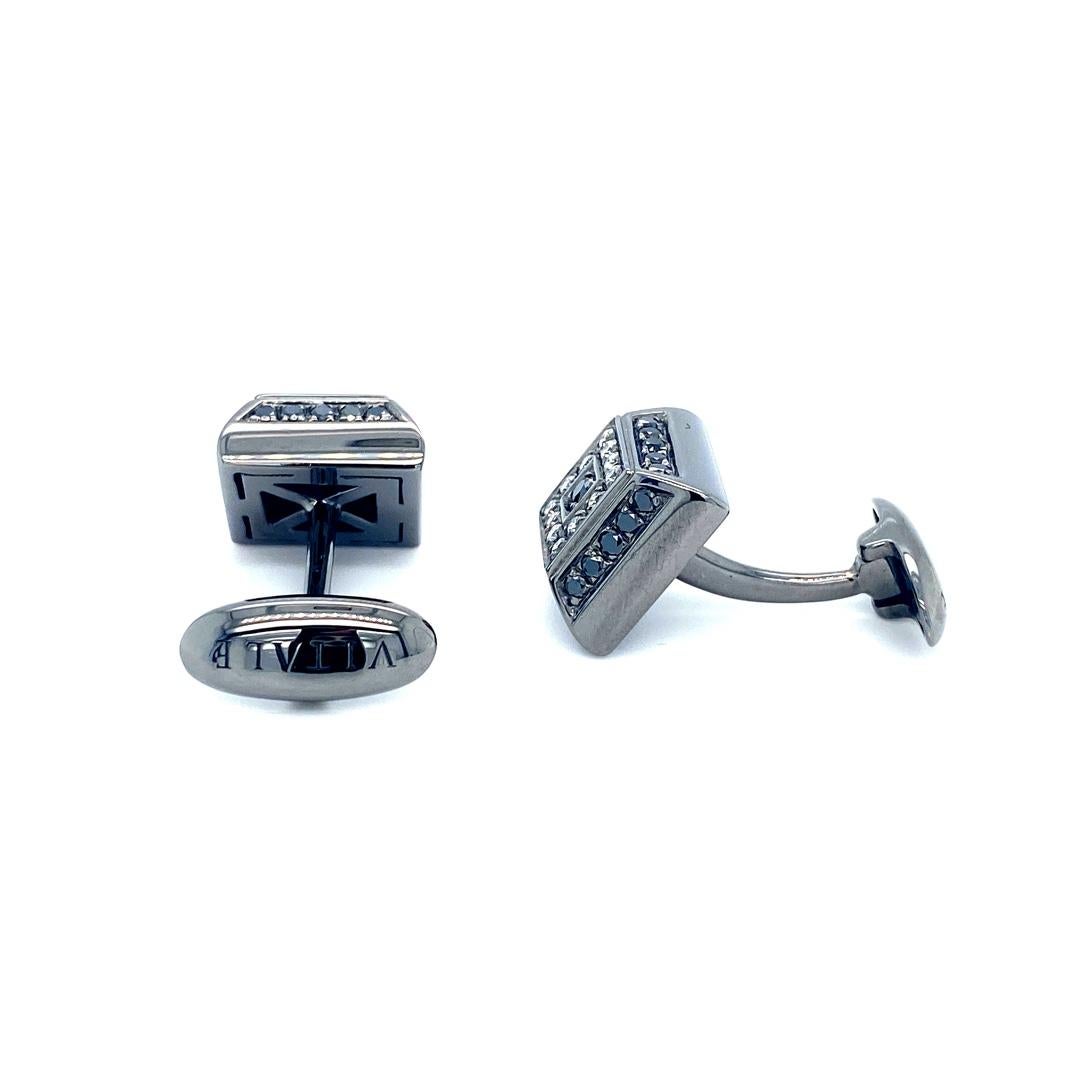 These 18K white gold unique cufflinks are from Timeless Collection. These absolutely elegant cufflinks are combining white and black natural diamonds in total of 1.06 Carat. Total metal weight is 15.20 gr. The dimensions of the cufflinks are 1.3cm x
