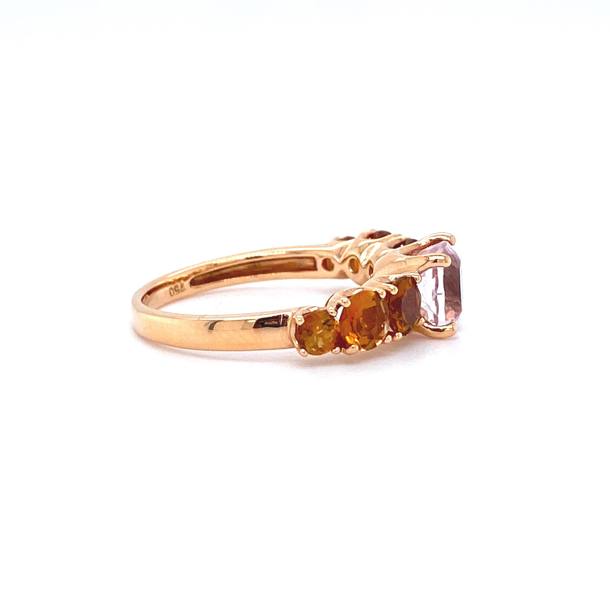 18K yellow gold cocktail ring is from Divine Collection. This elegant ring is created from natural pink tourmaline 2.73 Carat decorated by 6 round natural citrines. Total metal weight is 3.45 gr.

The Divine Collection has a unique blend of history,