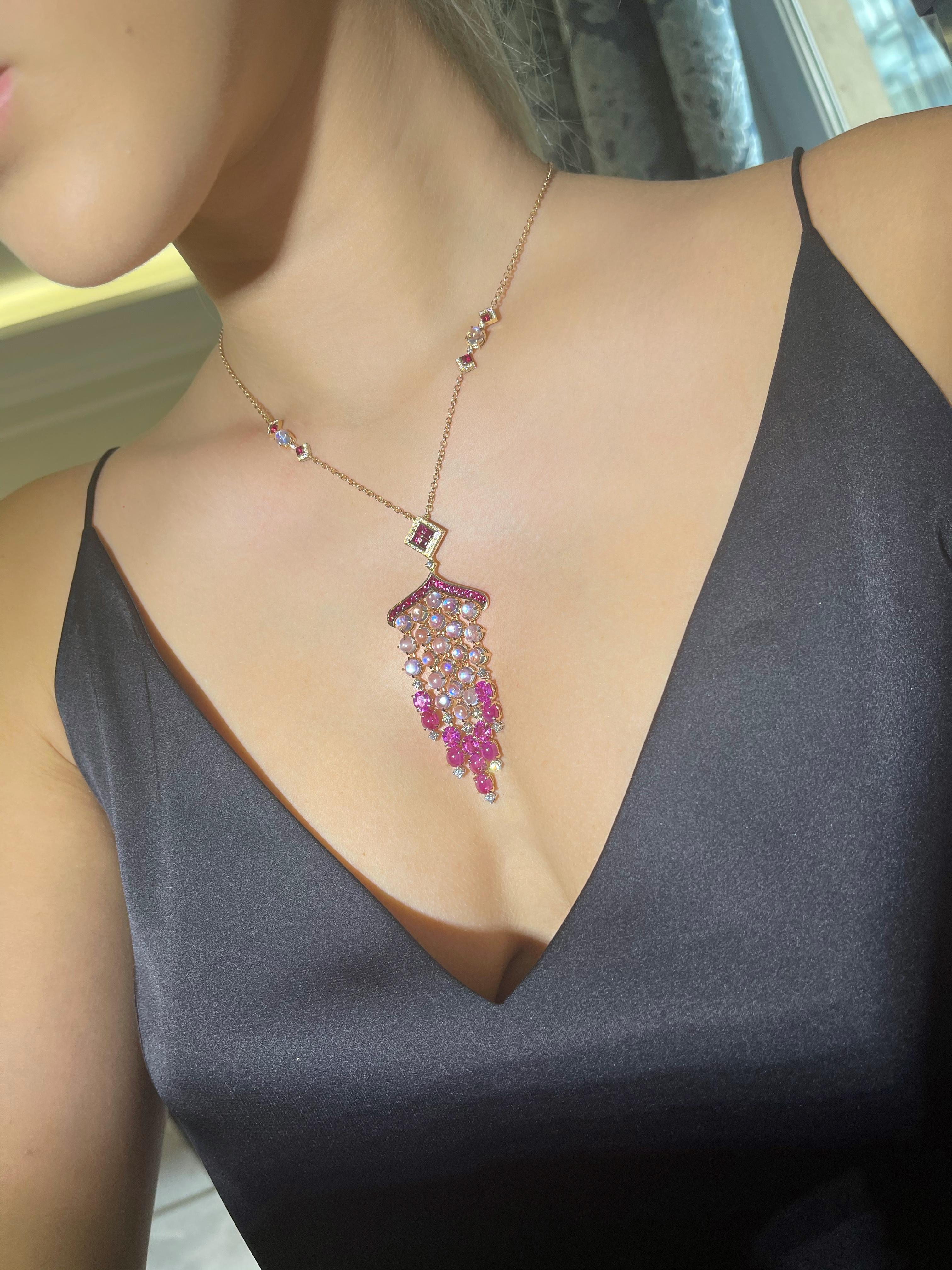 This 18K yellow gold elegant necklace is from our Divine Collection, the image comes from the dews on the rose in the morning. 
It is one-off piece which is made of white diamonds in total of 1.16 Carat, pink sapphires in total of 3.6 Carat, rubies