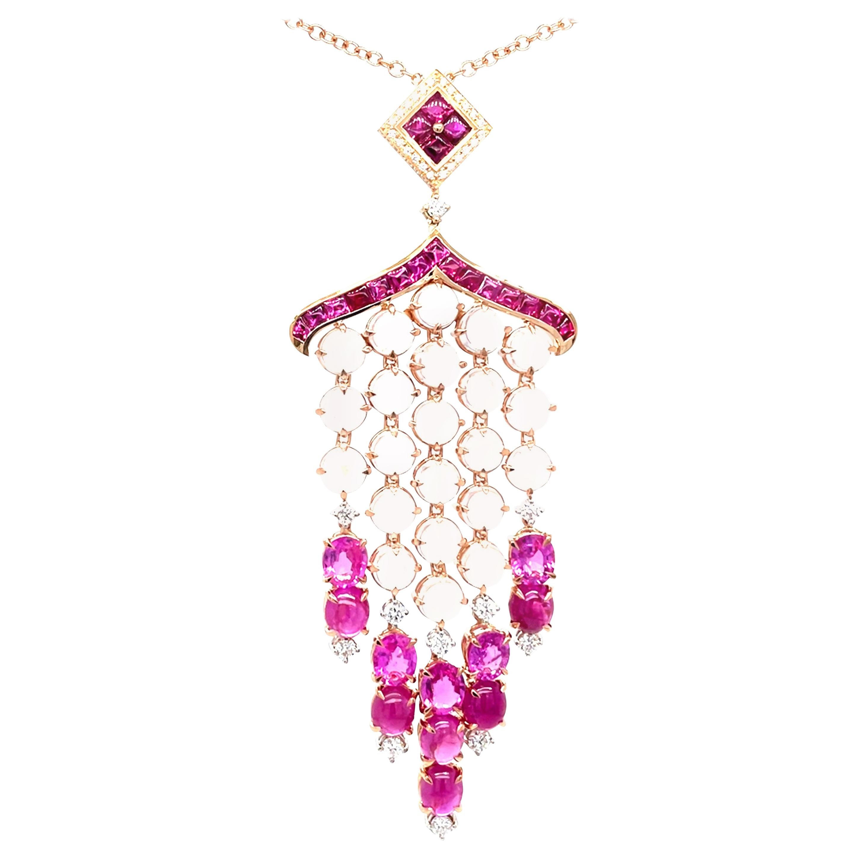 "Dews on the Rose" 18 Karat Yellow Gold Diamond Ruby Sapphire Moonstone Necklace For Sale