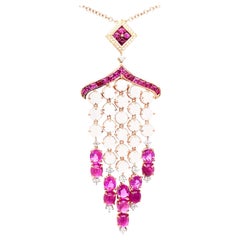18 Karat Yellow Gold Diamond Ruby Sapphire Moonstone Necklace