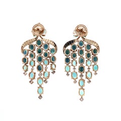 18 Karat Yellow Gold Diamond Sapphire Emerald Chandelier Earrings