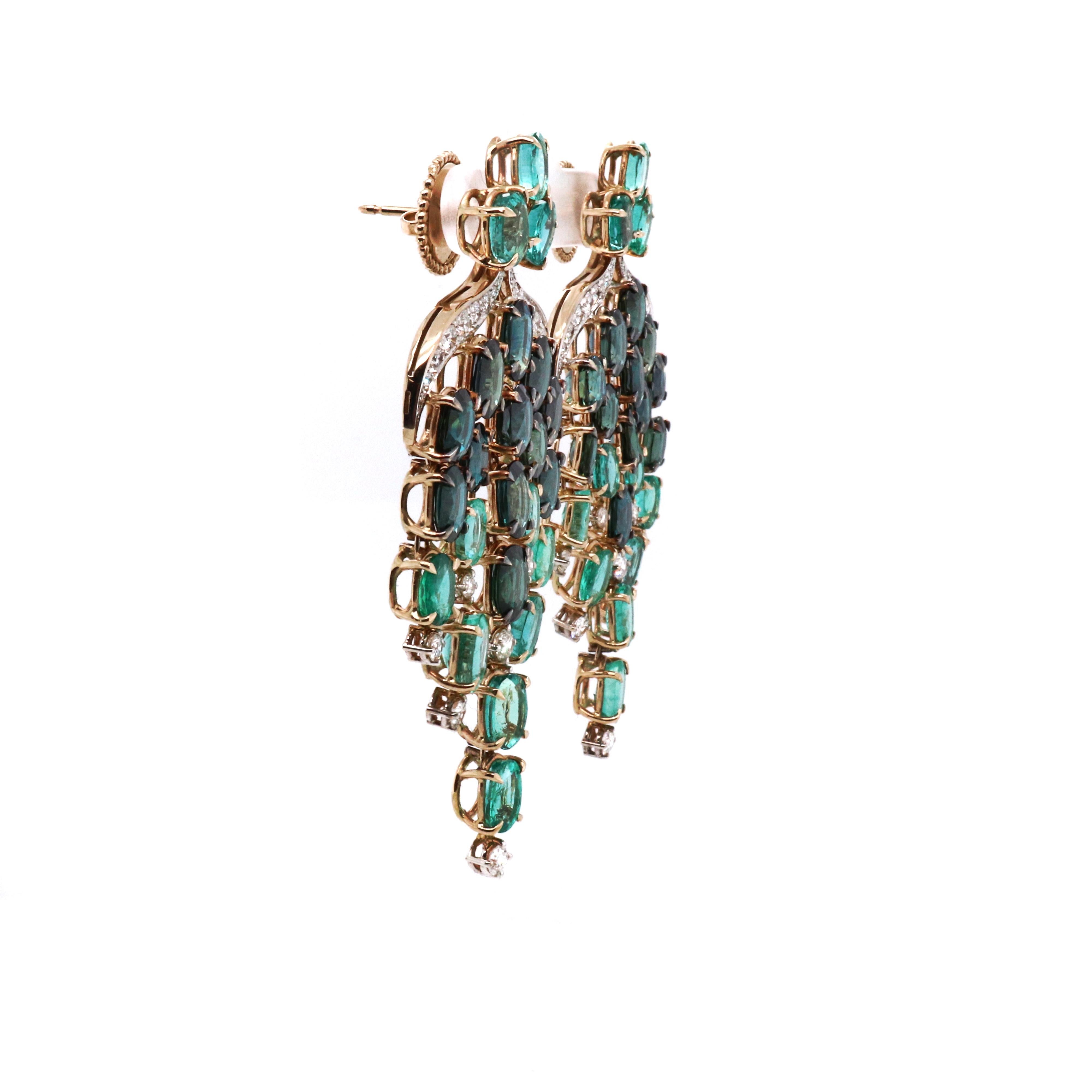 Contemporary 18 Karat Yellow Gold Diamond Sapphire Emerald Chandelier Earrings For Sale