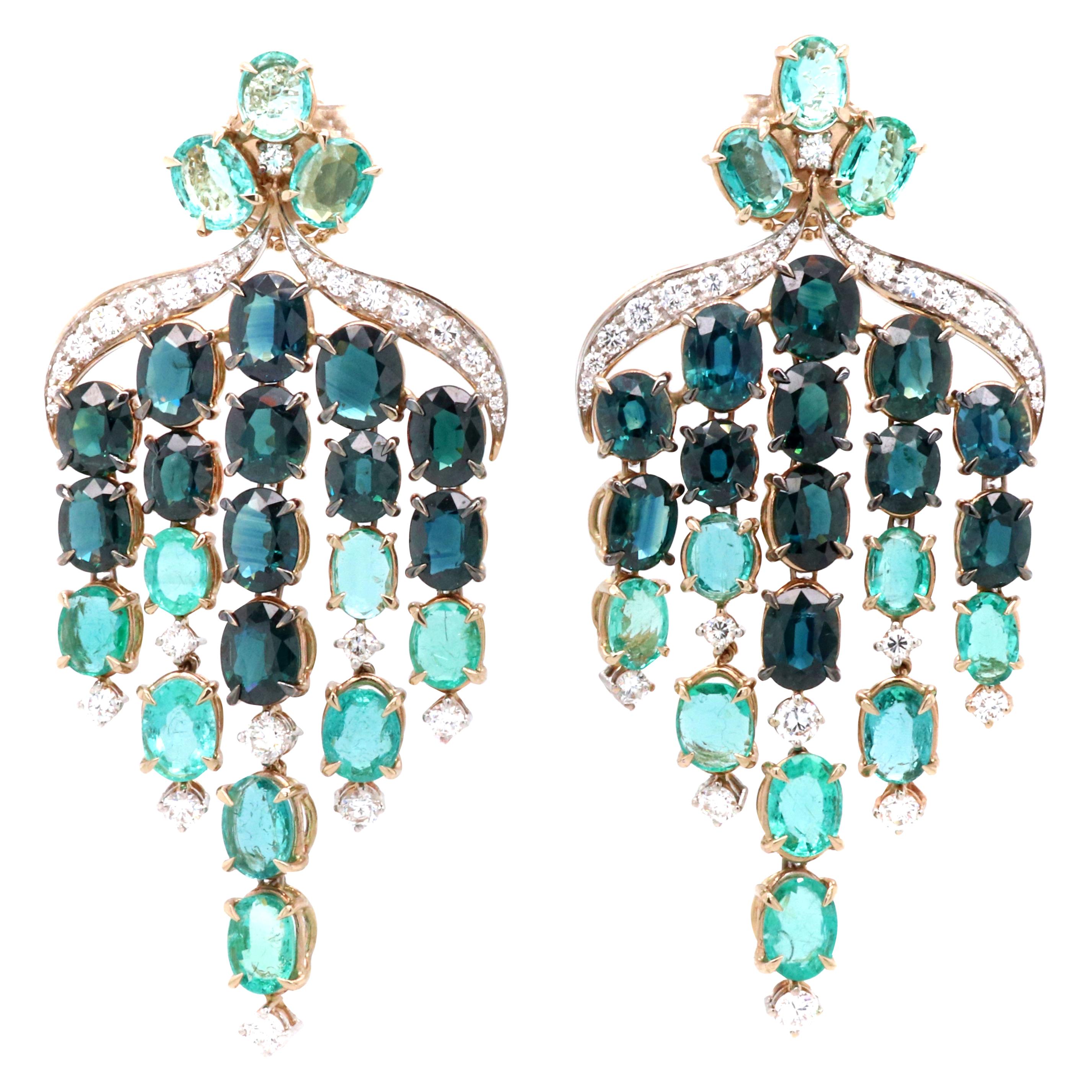 18 Karat Yellow Gold Diamond Sapphire Emerald Chandelier Earrings
