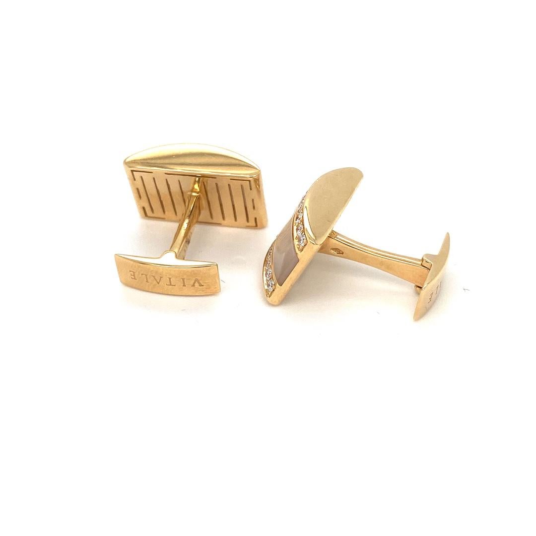 These 18K  yellow gold elegant cufflinks are from Timeless Collection. These absolutely elegant cufflinks are combining beautiful natural mother of pear 4.0 Carat and natural white diamonds in total of 0.71 Carat. Total metal weight is 17.7 gr. The