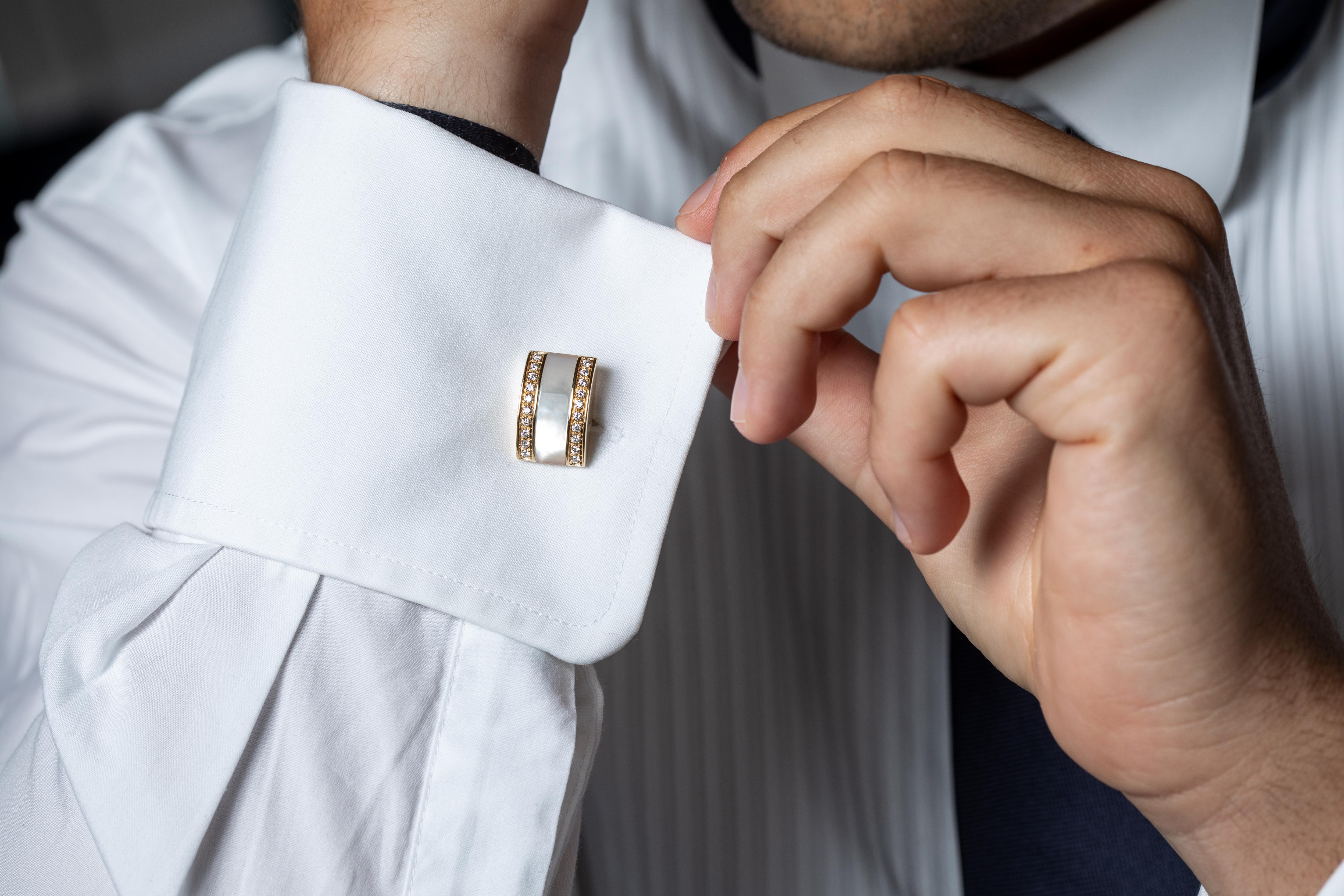 Men's 18 Karat Yellow Gold Mother of Pearl Diamond Cufflinks For Sale