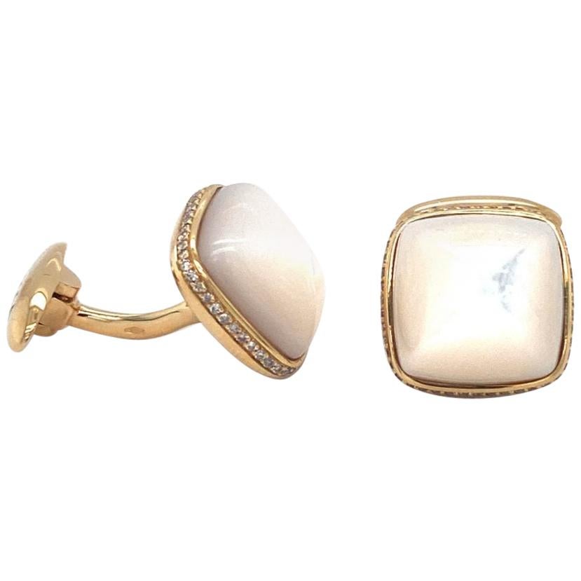 18 Karat Yellow Gold Mother of Pearl Diamond Uneven Cufflinks For Sale