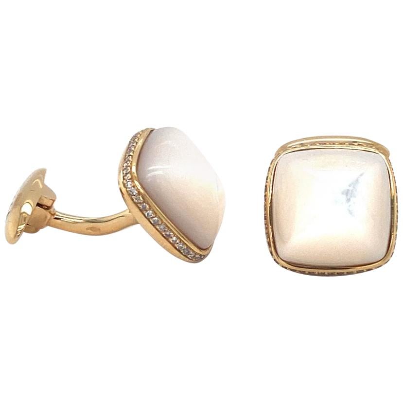 18 Karat Yellow Gold Mother of Pearl Diamond Uneven Cufflinks