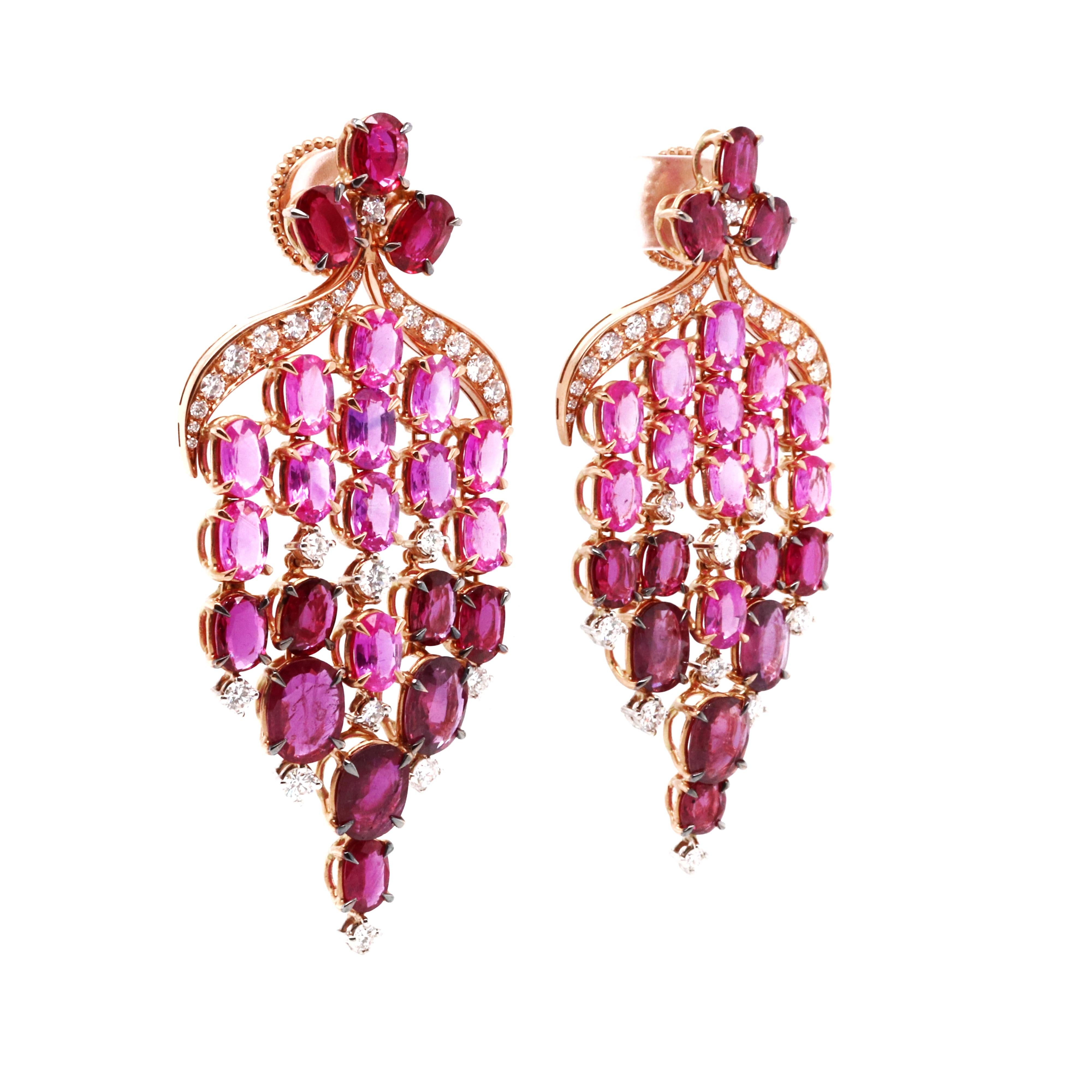 18 Karat Yellow Gold Ruby Diamond Sapphire Chandelier Earrings In New Condition For Sale In Monte-Carlo, MC