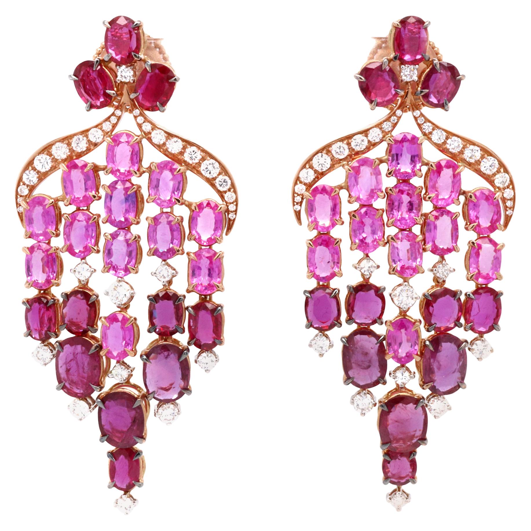 18 Karat Yellow Gold Ruby Diamond Sapphire Chandelier Earrings